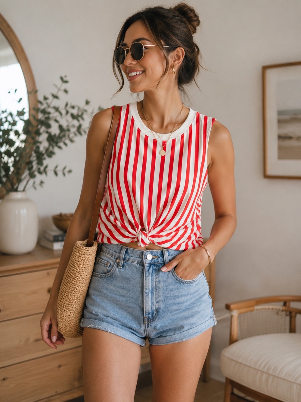 Zara Red & Cream Striped Knot-Front Tank